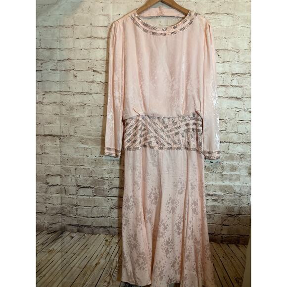 Vintage d'ore Silk Dress Women 14 Pale Pink Beaded Draped Made In Hong Kong 90s - Picture 1 of 16